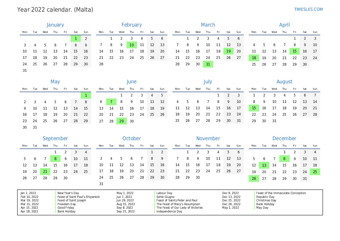 Calendar for 2022 with holidays in Malta Print and download calendar