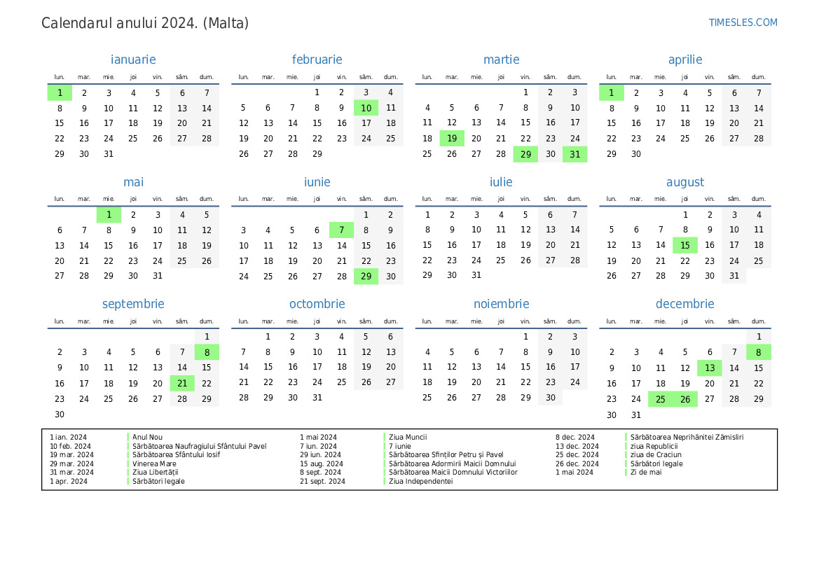 Calendar pentru anul 2024 cu sărbători în Malta Imprimați și