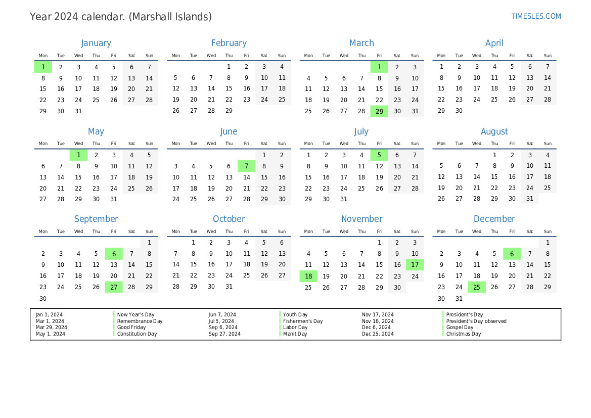 Calendar for 2024 with holidays in Marshall Islands Print and