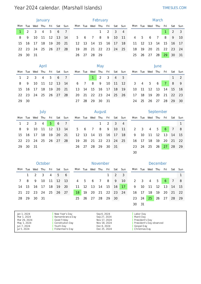 Calendar for 2024 with holidays in Marshall Islands Print and