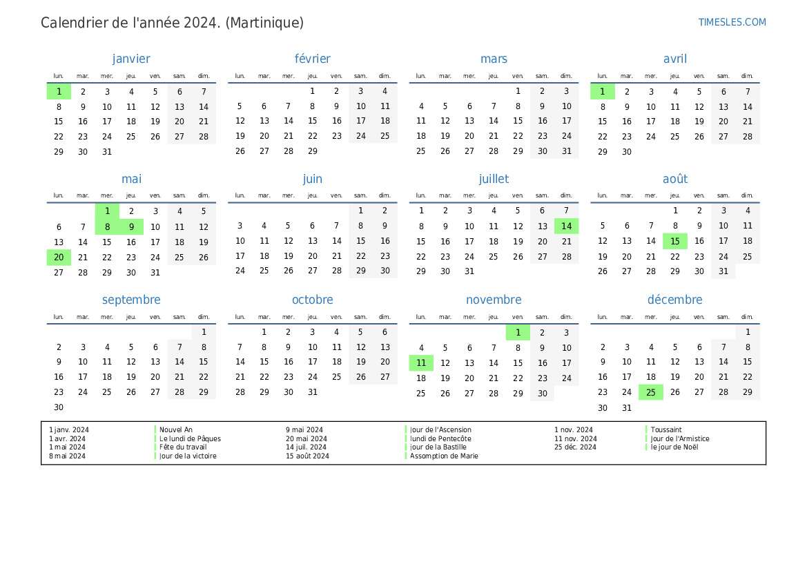 Calendrier 2024 avec jours fériés en Martinique | Imprimer et