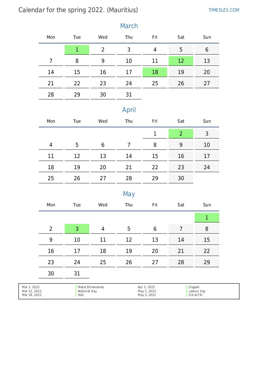 Spring 2022 Calendar Spring 2022 Calendar With Holidays For Mauritius | Print And Download  Calendar
