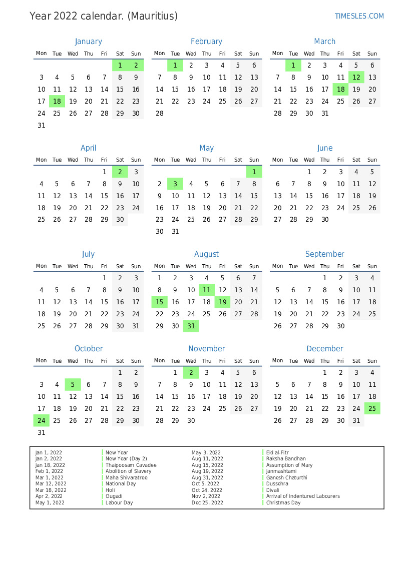 Calendar 2024 Mauritius With Public Holidays Calendar 2024