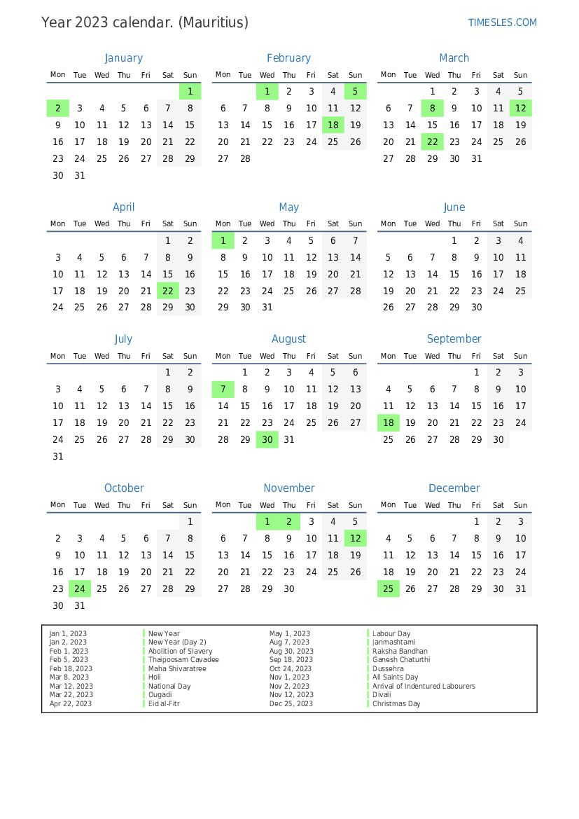 Calendar for 2023 with holidays in Mauritius Print and download calendar