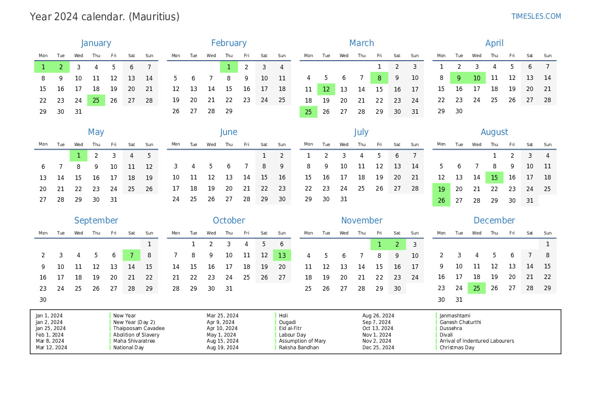 Islamic Calendar 2024 Mauritius Calendar 2024