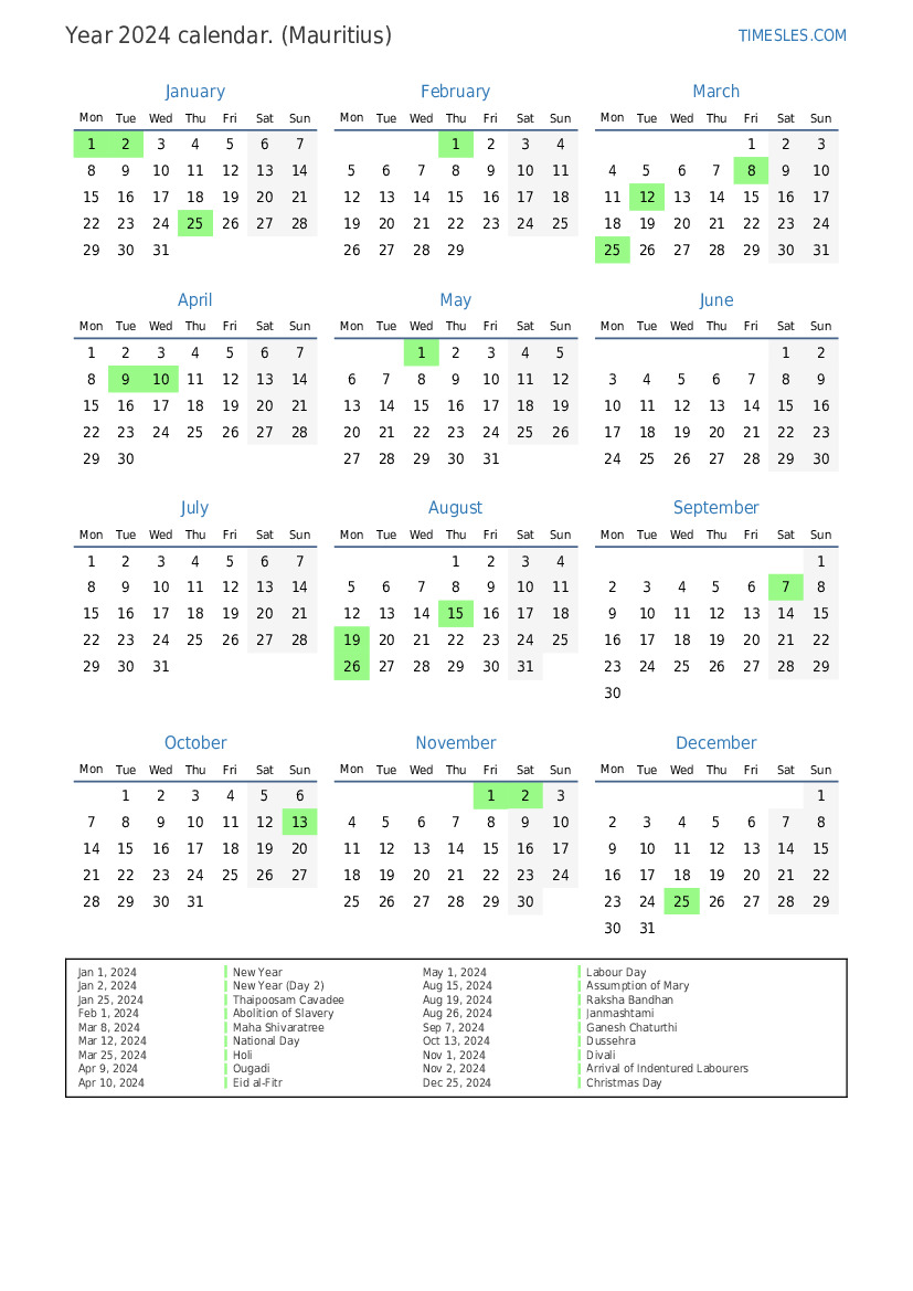 Calendar for 2024 with holidays in Mauritius | Print and download calendar