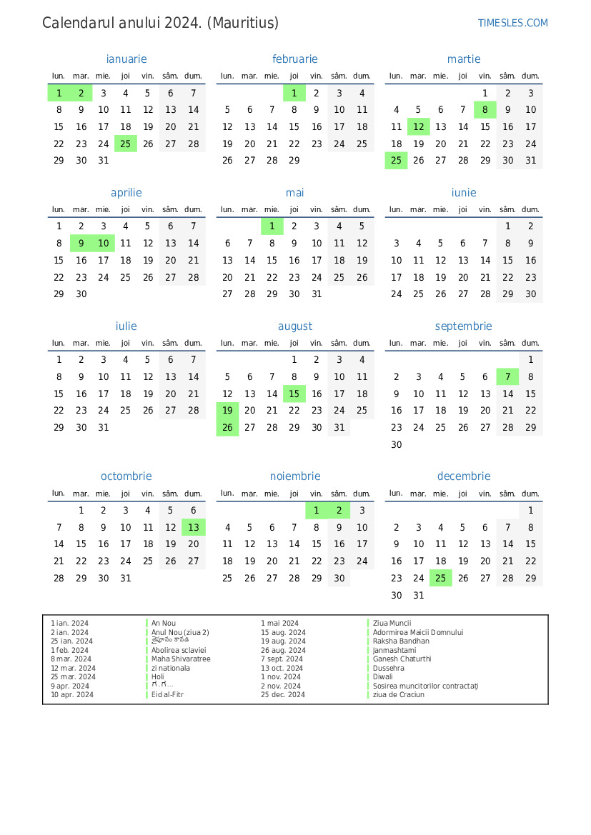 Calendar pentru anul 2024 cu sărbători în Mauritius Imprimați și