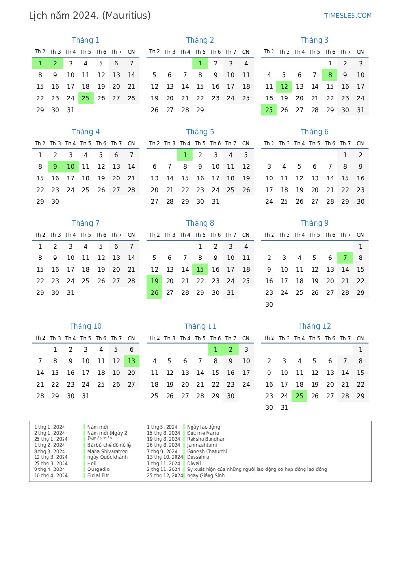 Lịch cho năm 2024 với các ngày lễ ở Mauritius In và tải xuống lịch