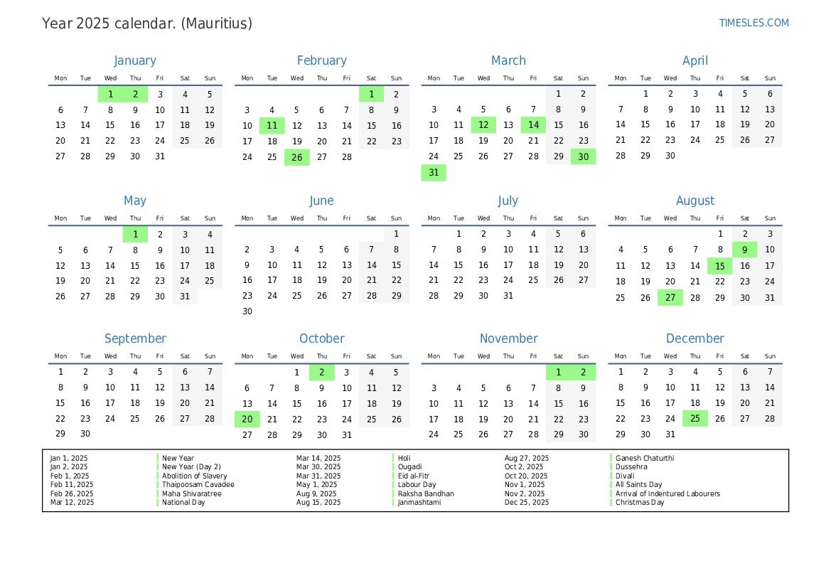 Calendar for 2025 with holidays in Mauritius | Print and download calendar