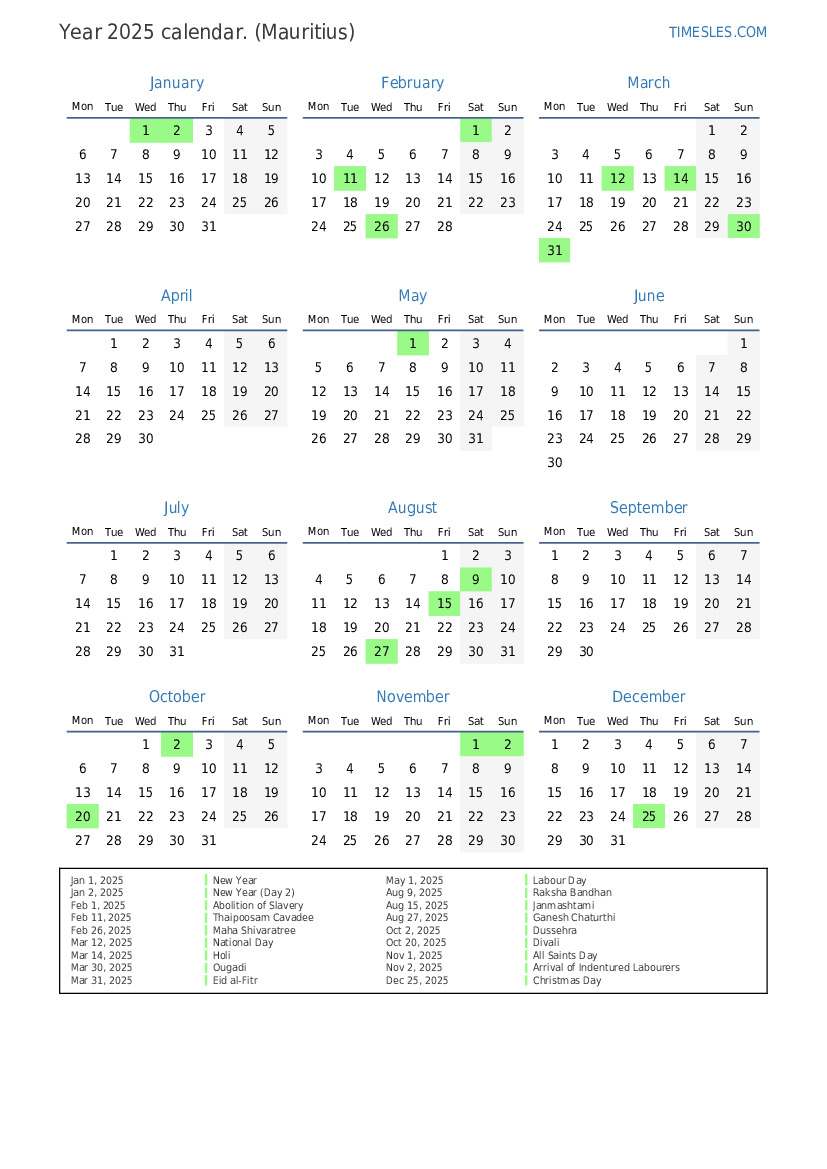 Calendar for 2025 with holidays in Mauritius Print and download calendar