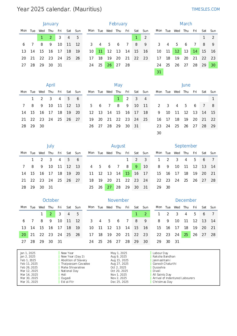 Calendar for 2025 with holidays in Mauritius  Print and download calendar