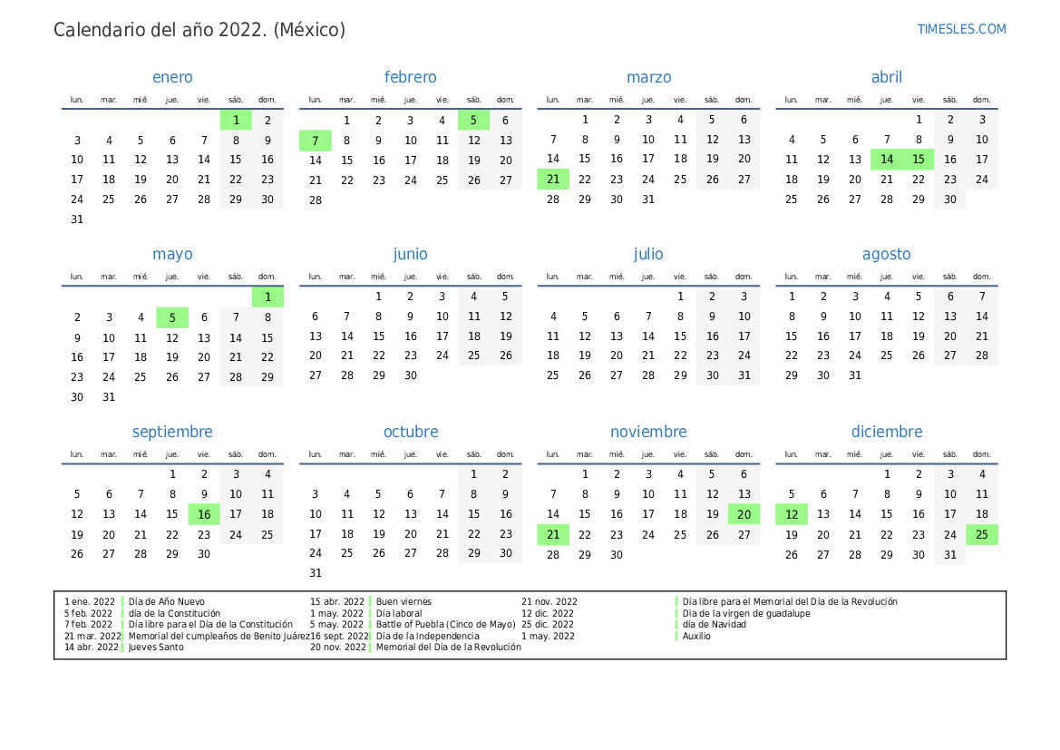 Calendario 2022 Con Días Festivos En Mexico 