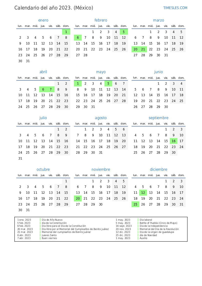 Calendario 2023 Con Días Festivos En Mexico Imprimir Y Descargar