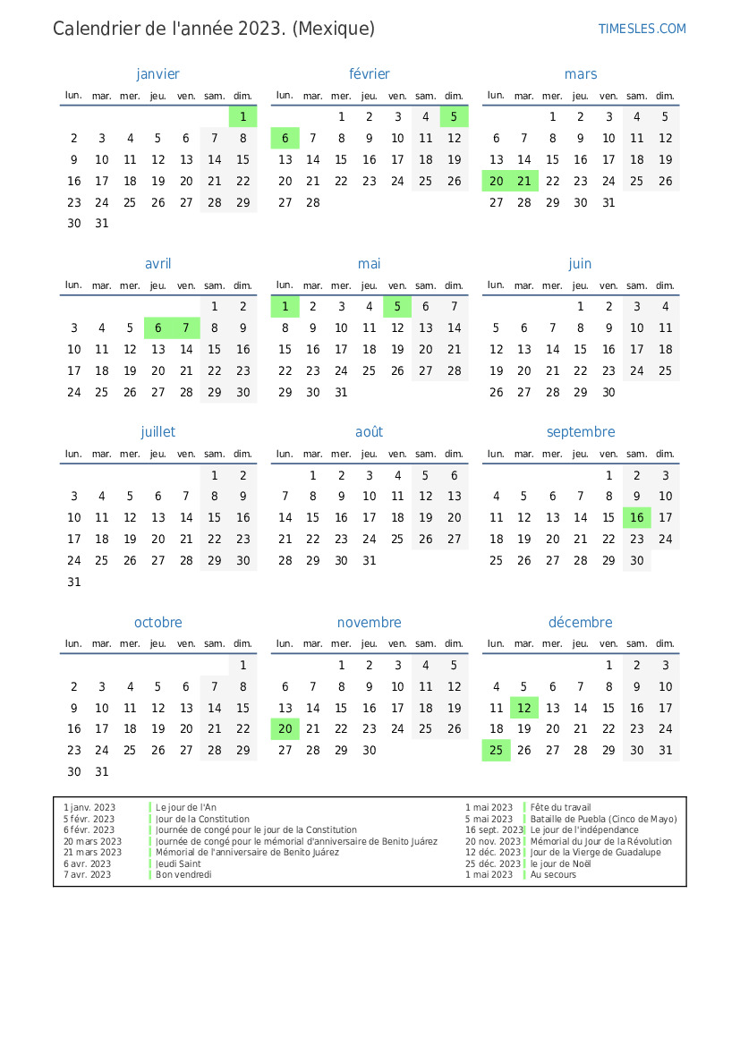 Calendrier Révolutionnaire 2023 Calendrier 2023 Avec Jours Fériés Au Mexique | Imprimer Et Télécharger Le  Calendrier