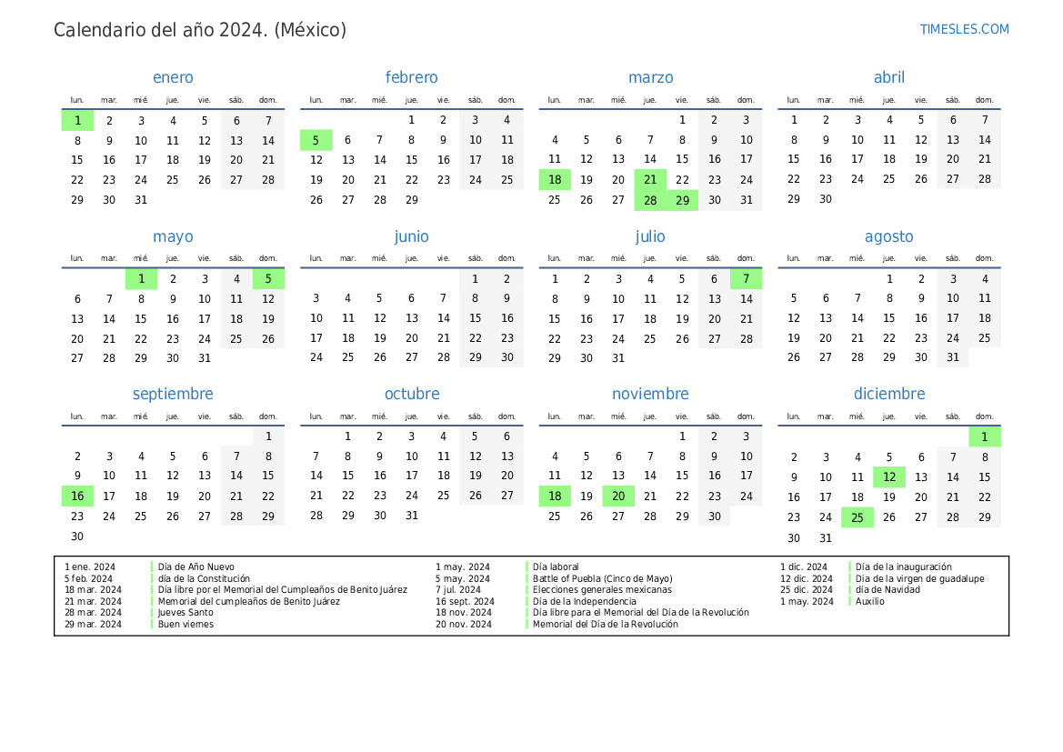 Calendario 2024 con días festivos en Mexico Imprimir y descargar