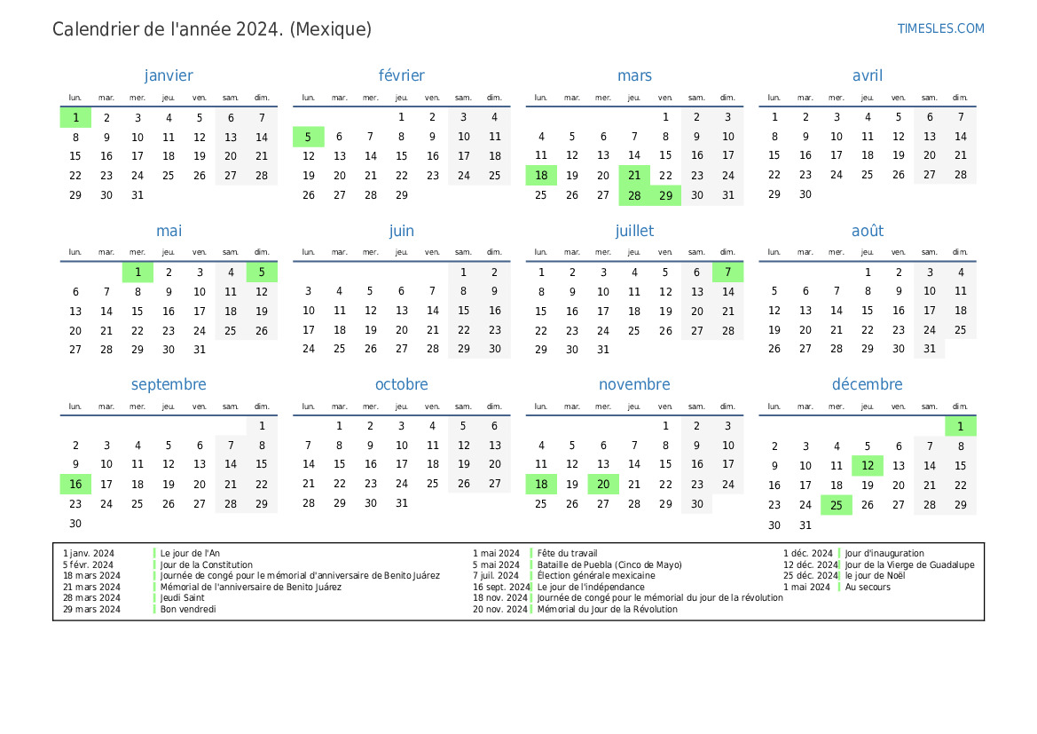 Calendrier 2024 avec jours fériés au Mexique | Imprimer et télécharger