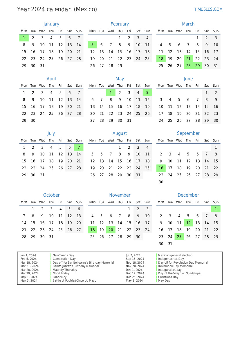 Calendar Yearly 2024 P En Mexico 134 