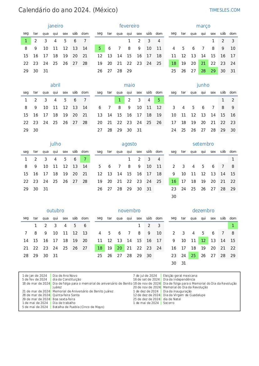 Calendário 2024 com feriados no México Imprimir e baixar calendário