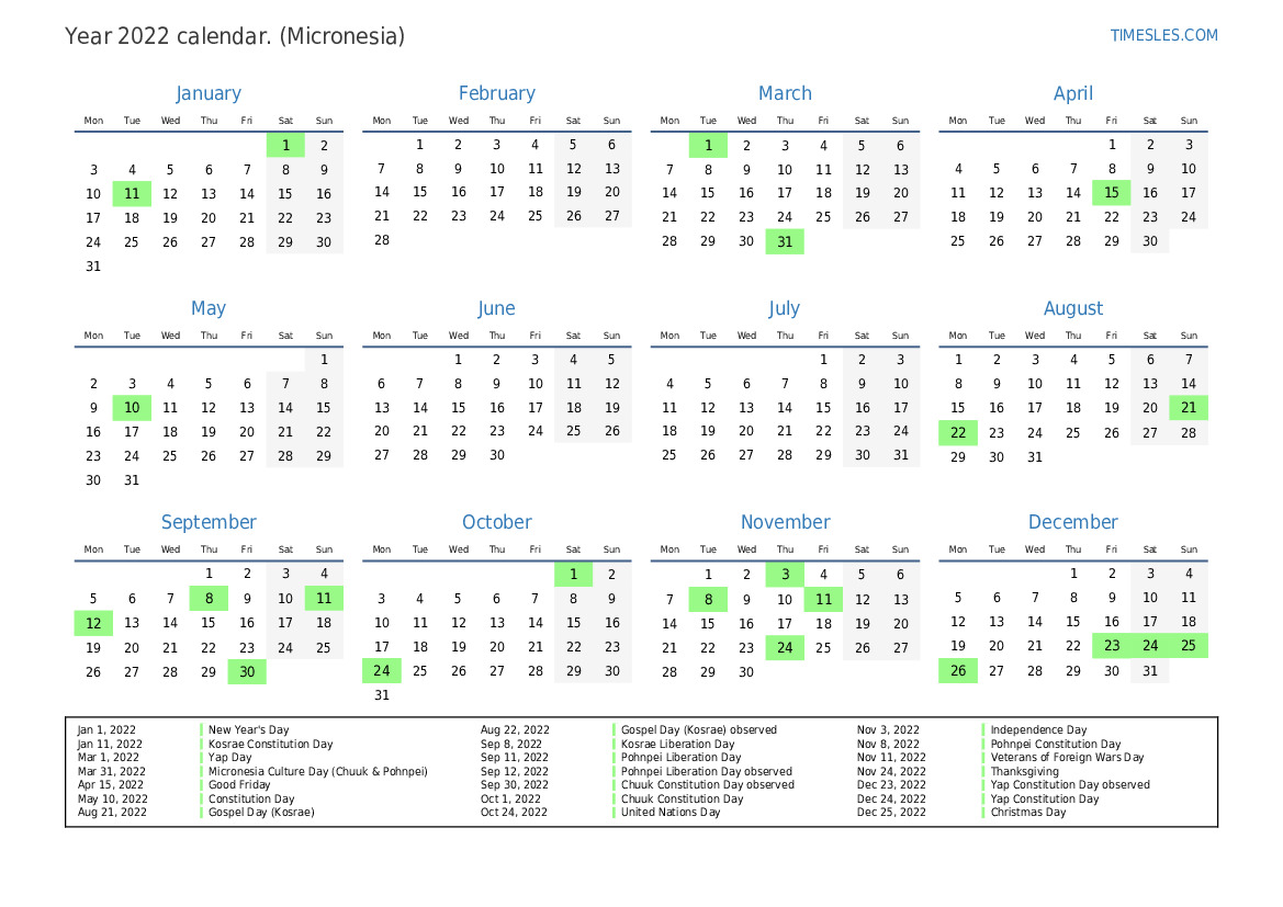 Calendar for 2022 with holidays in Micronesia | Print and download calendar