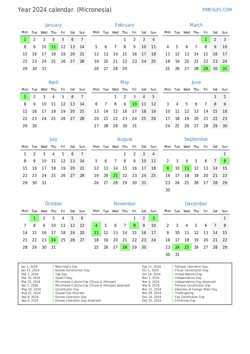 Calendar for 2024 with holidays in Micronesia | Print and download calendar
