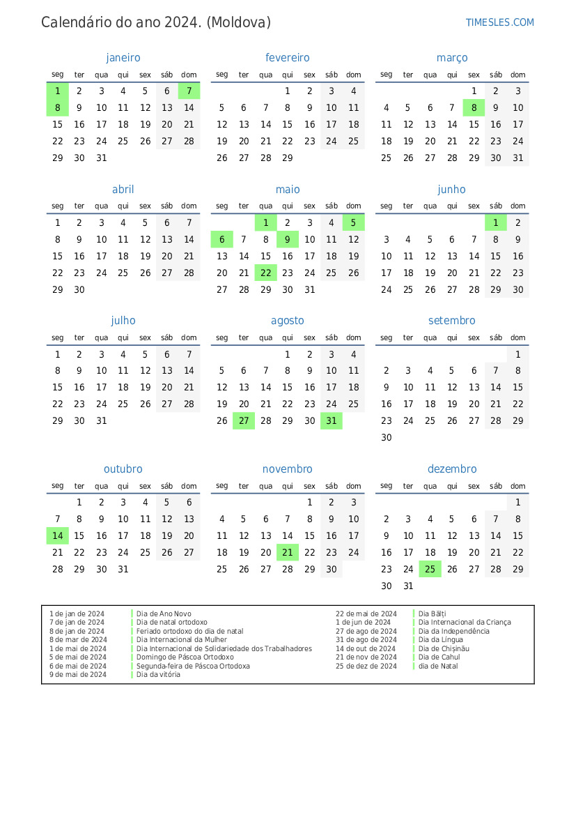 Calendário 2024 com feriados na Moldova Imprimir e baixar calendário
