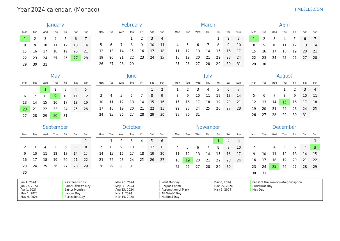 Calendar for 2024 with holidays in Monaco Print and download calendar