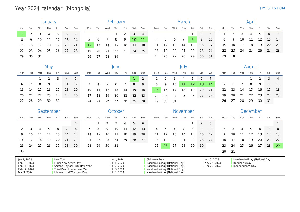 Calendar for 2024 with holidays in Mongolia Print and download calendar