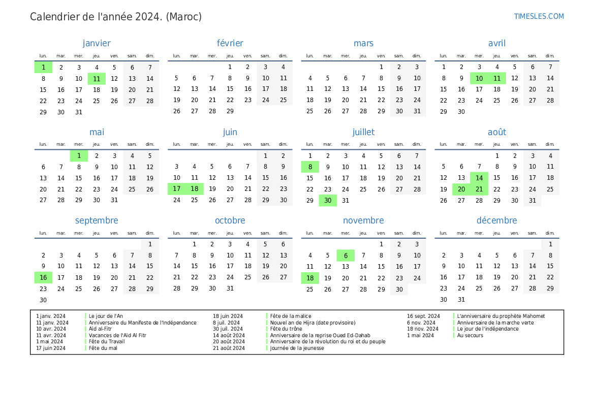 Calendrier 2024 avec jours fériés au Maroc Imprimer et télécharger le calendrier