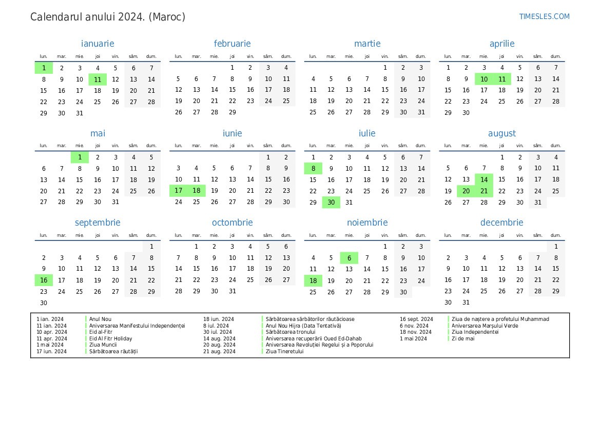 Calendar pentru anul 2024 cu sărbători in Maroc Imprimați și
