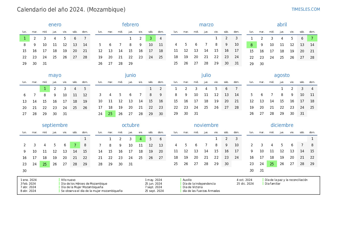 Calendario 2024 con días festivos en Mozambique Imprimir y descargar