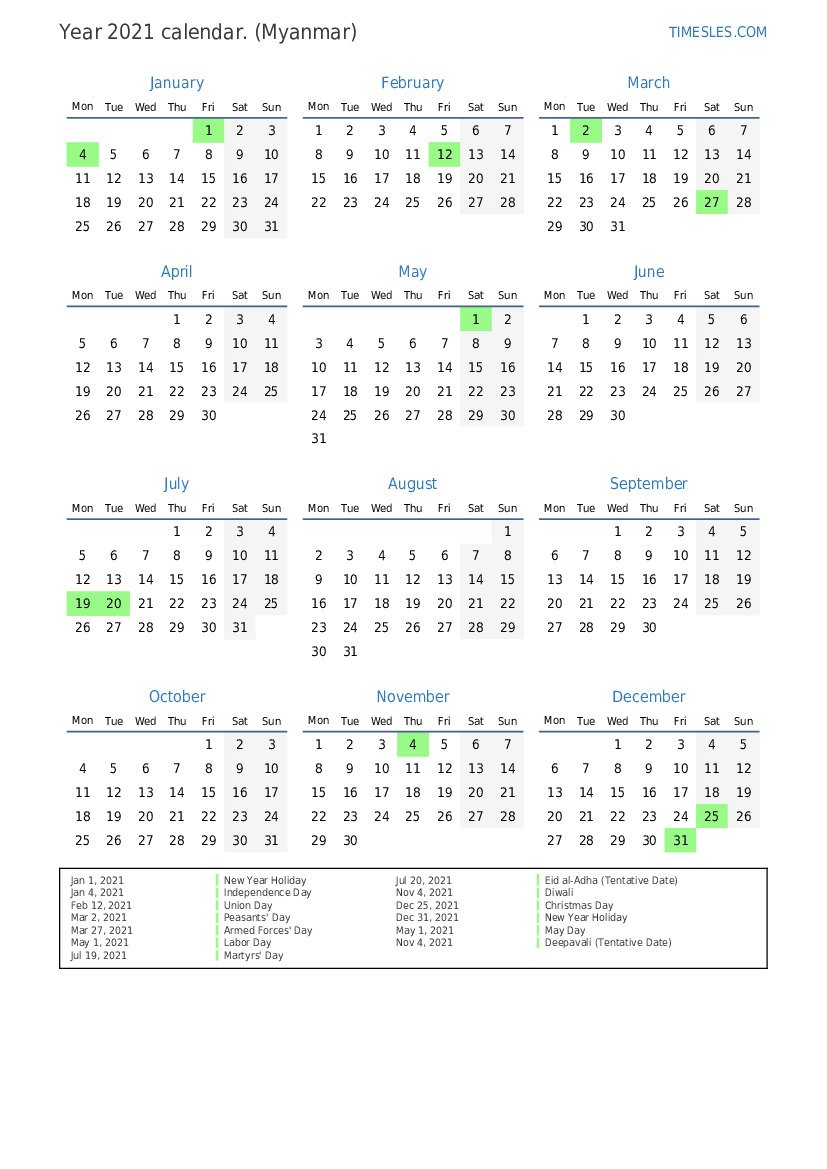 Calendar for 2021 with holidays in Myanmar | Print and download calendar