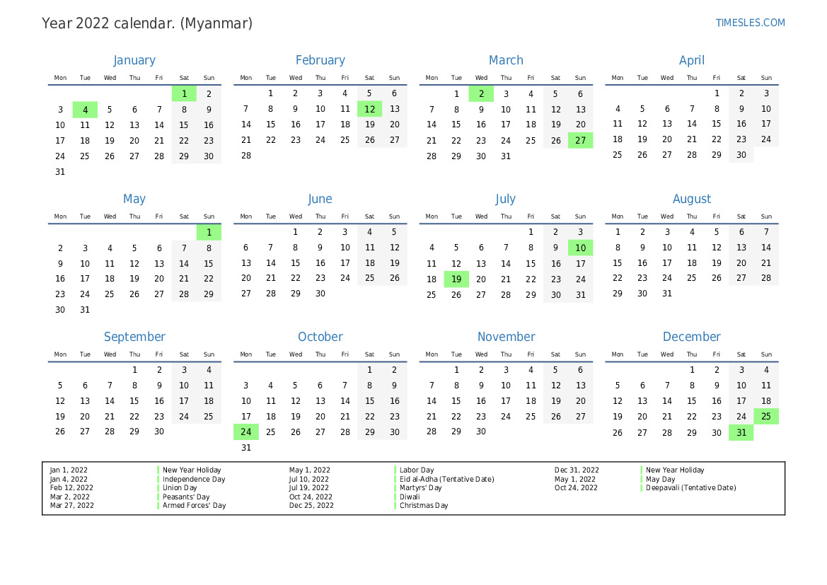 Calendar For 2022 With Holidays In Myanmar | Print And Download Calendar