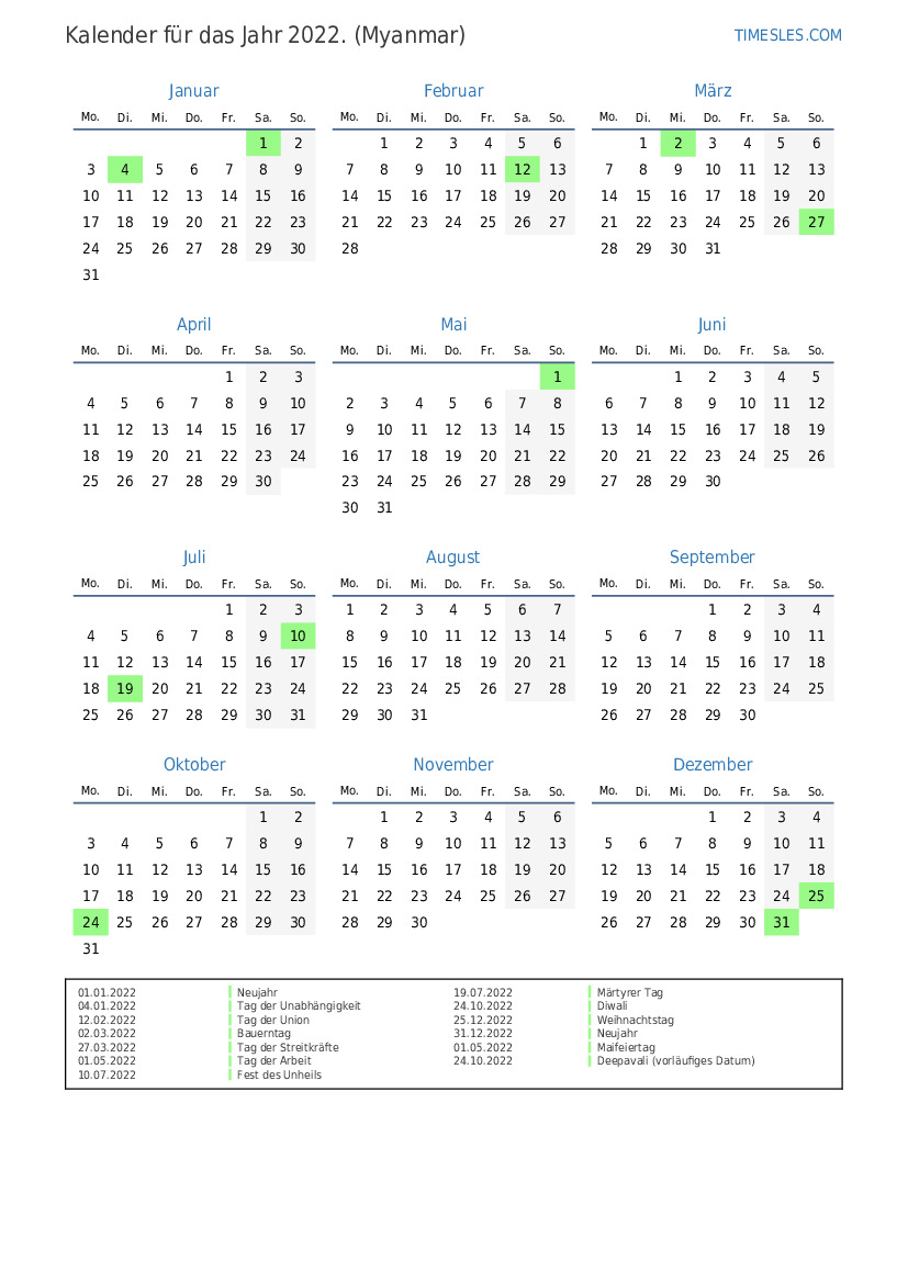 Kalender Für 2022 Mit Feiertagen In Myanmar | Kalender Drucken Und ...