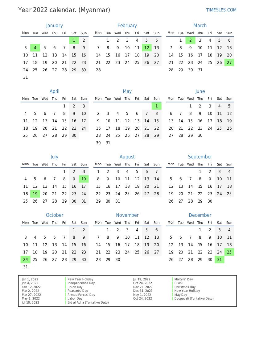 Myanmar Calendar 2022 Calendar For 2022 With Holidays In Myanmar | Print And Download Calendar