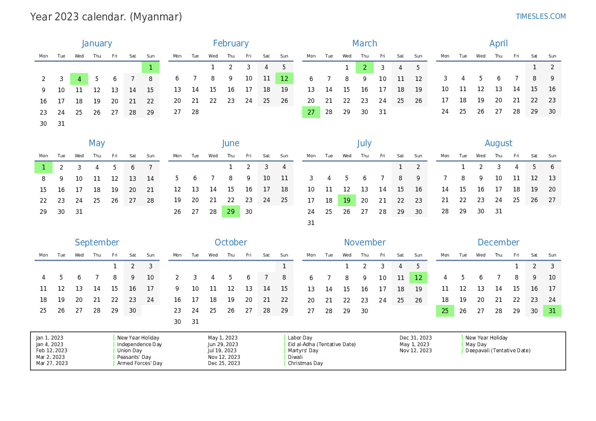 Calendar for 2023 with holidays in Myanmar | Print and download calendar