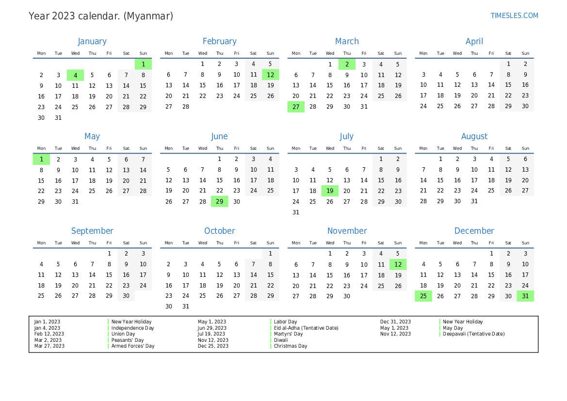 Calendar for 2023 with holidays in Myanmar Print and download calendar