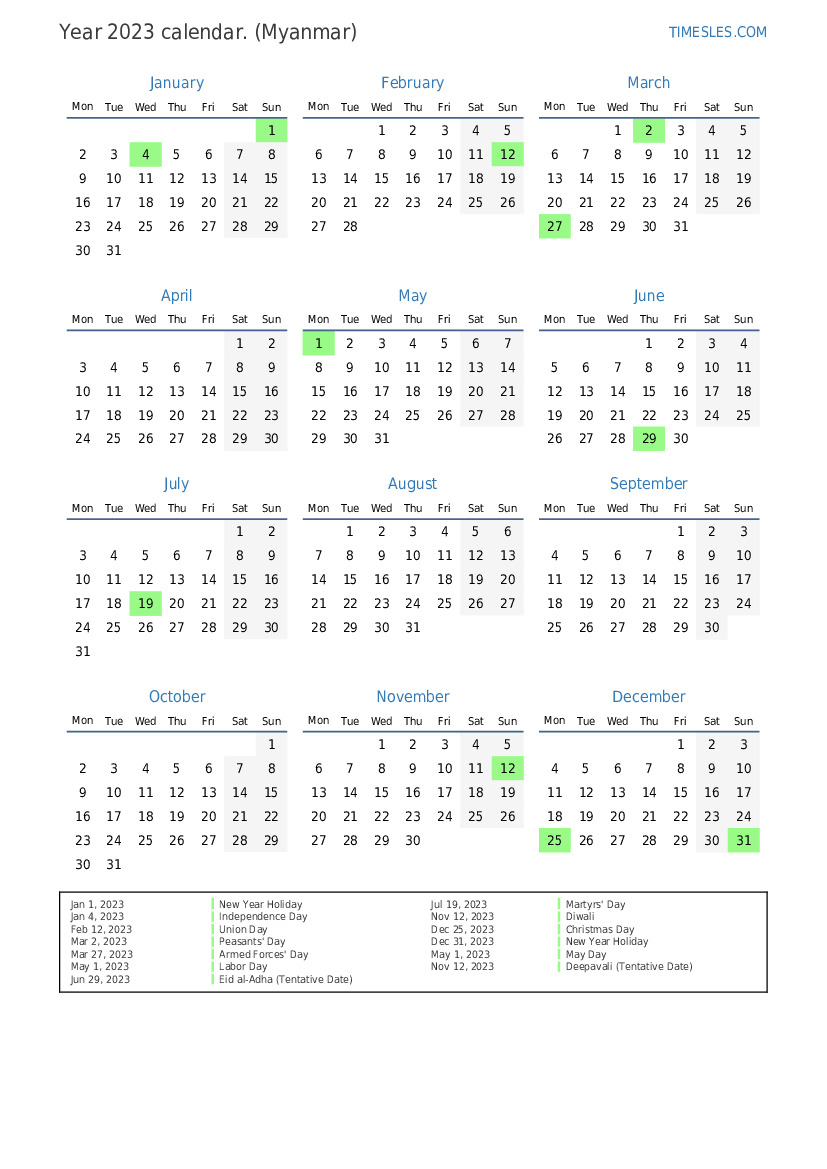 Calendar for 2023 with holidays in Myanmar Print and download calendar