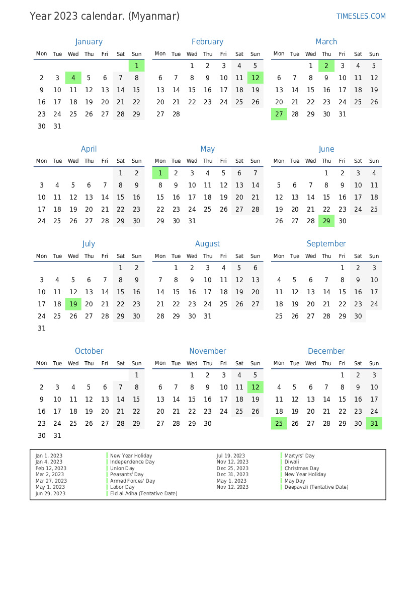 Calendar for 2023 with holidays in Myanmar | Print and download calendar