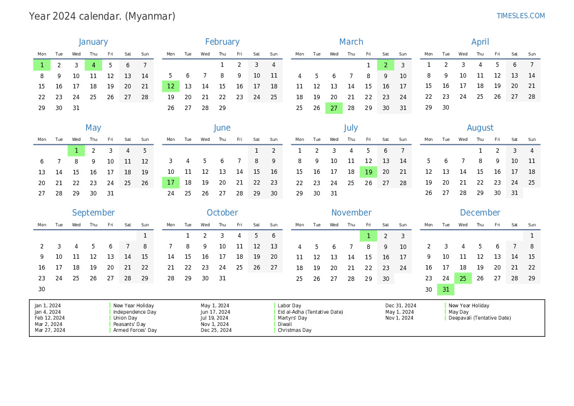 Calendar for 2024 with holidays in Myanmar Print and download calendar