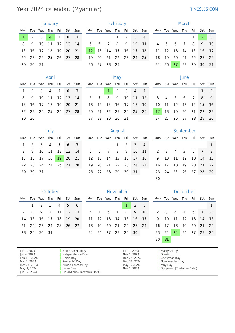 Calendar for 2024 with holidays in Myanmar | Print and download calendar