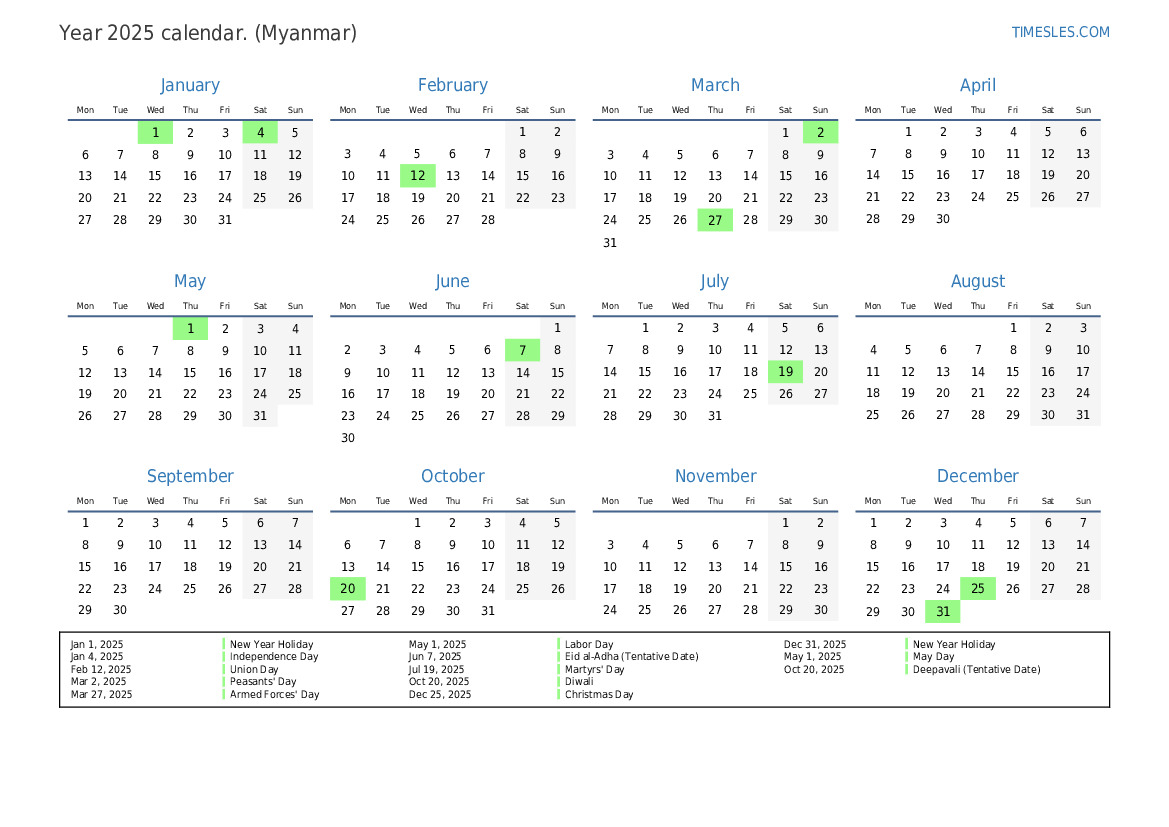 Calendar for 2025 with holidays in Myanmar | Print and download calendar