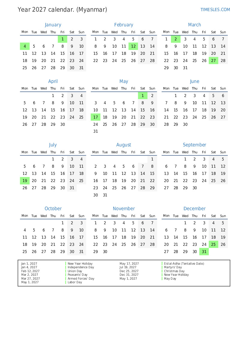 Calendar for 2027 with holidays in Myanmar | Print and download calendar