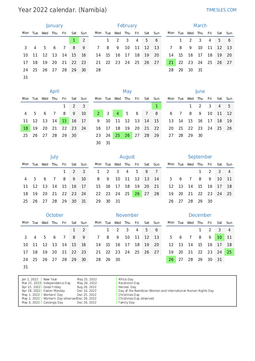 Calendar for 2022 with holidays in Namibia Print and download calendar