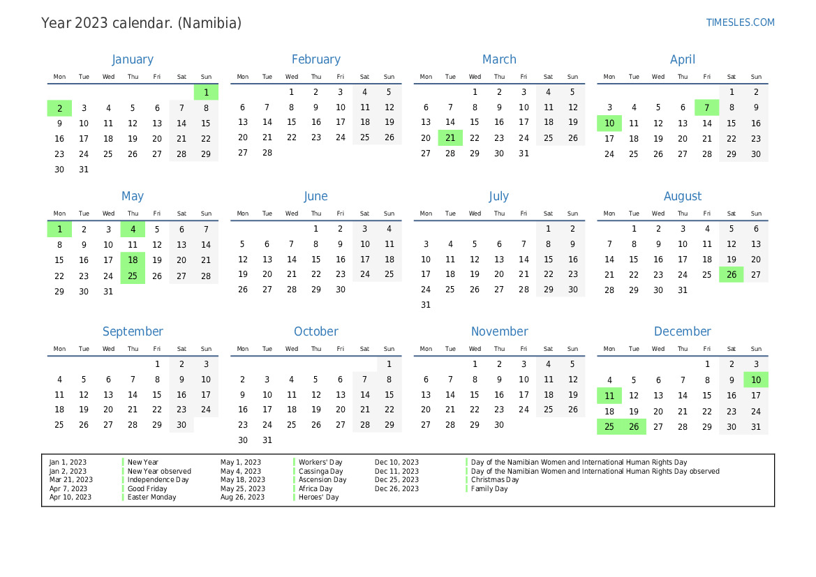 Calendar for 2023 with holidays in Namibia | Print and download calendar