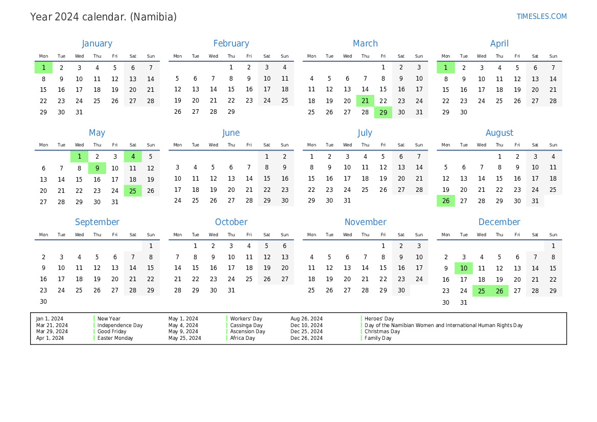 Calendar for 2024 with holidays in Namibia Print and download calendar