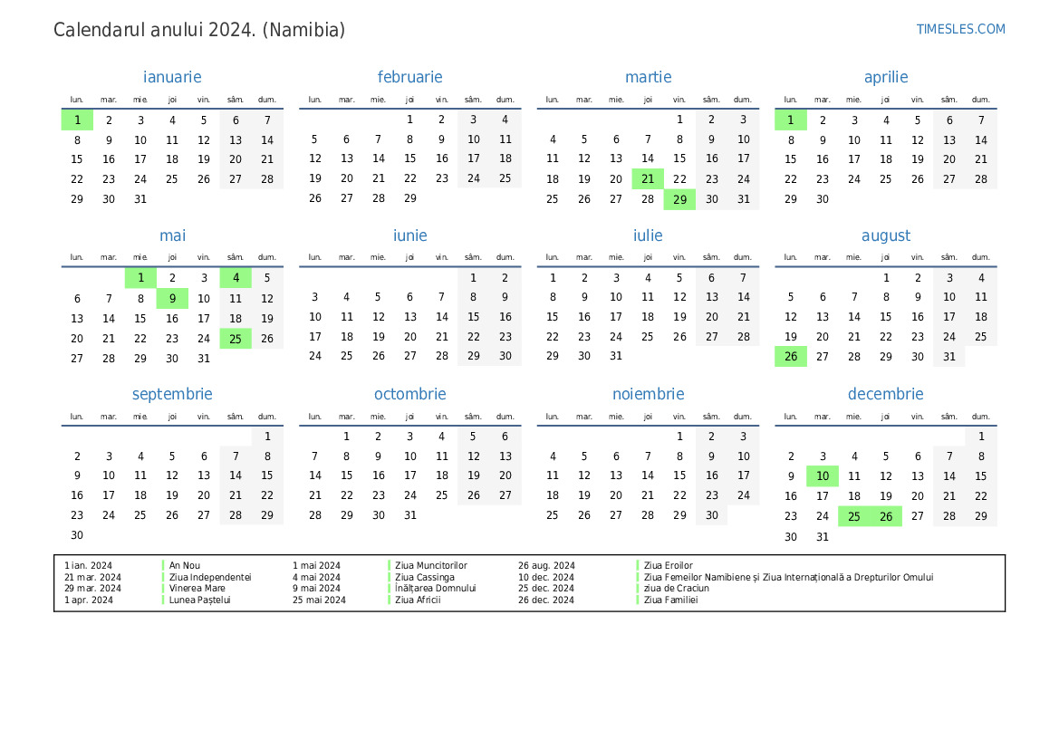 Calendar pentru anul 2024 cu sărbători în Namibia Imprimați și