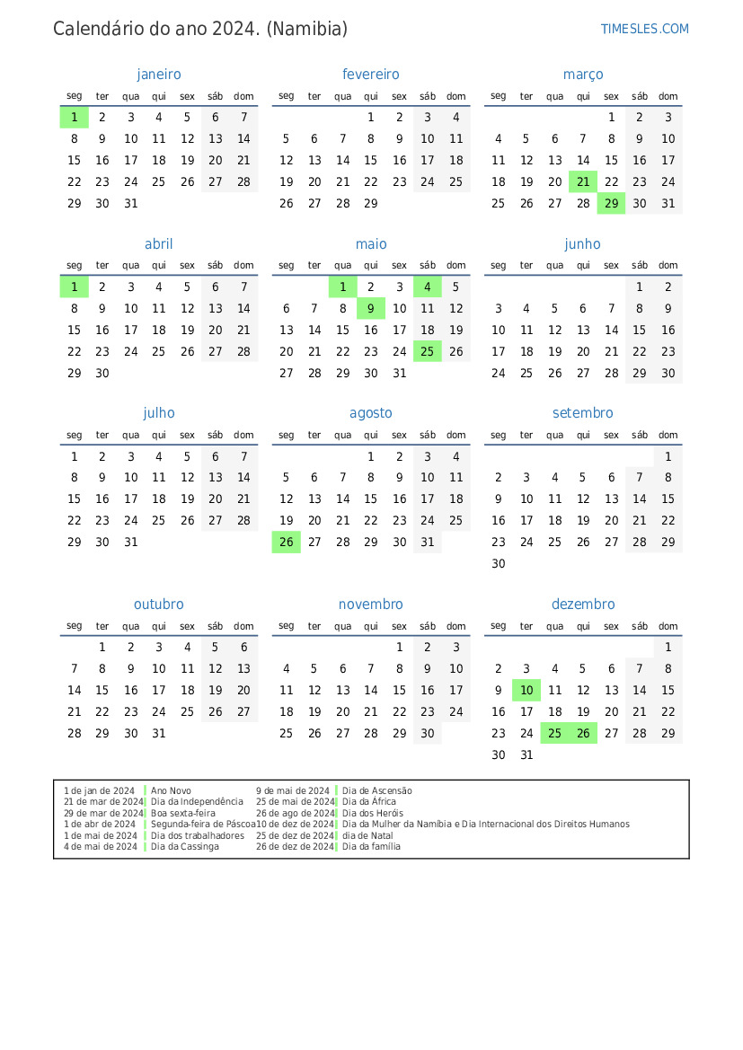 Calendário 2024 com feriados na namibia Imprimir e baixar calendário