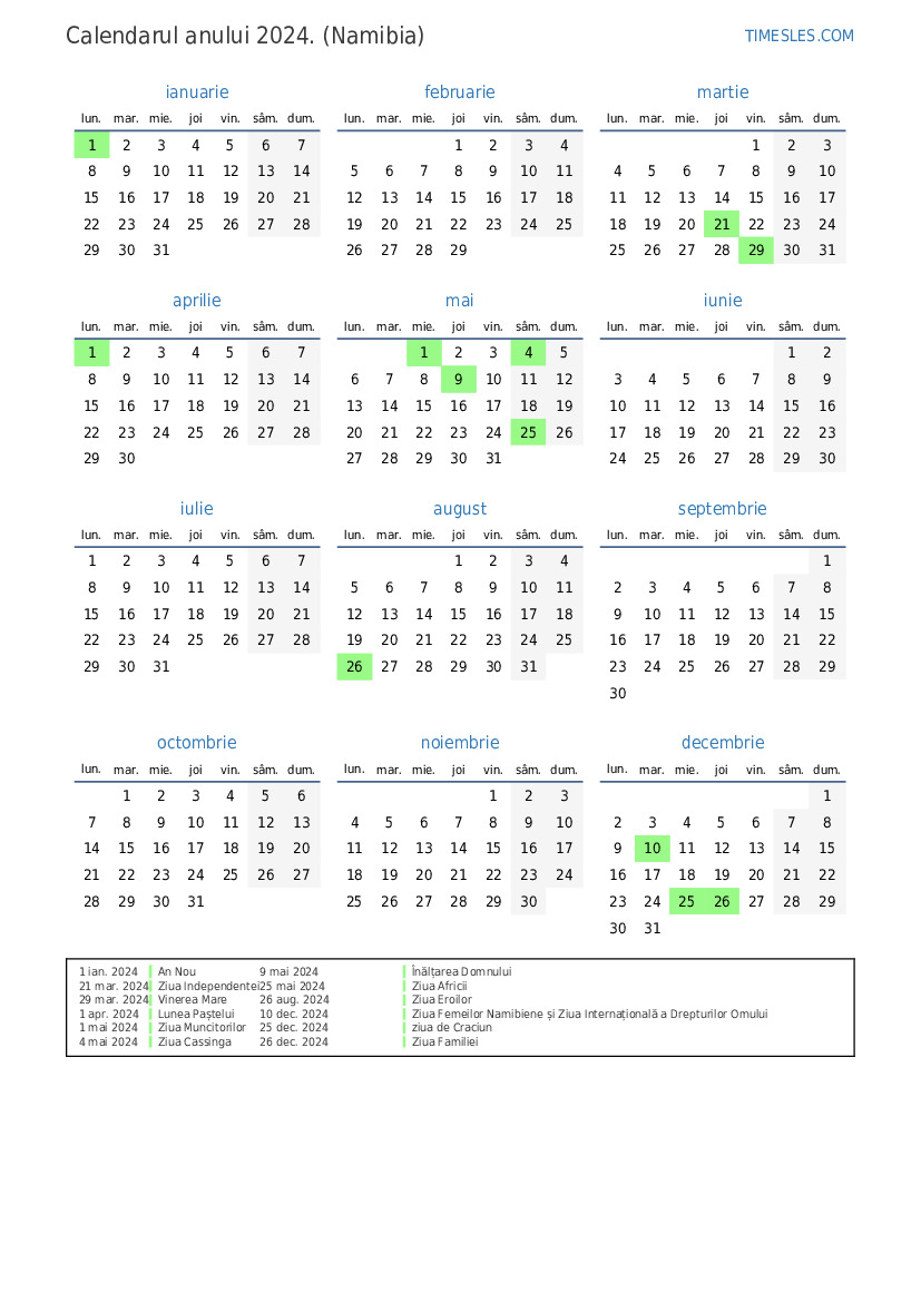 Calendar pentru anul 2024 cu sărbători în Namibia Imprimați și