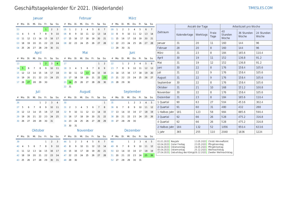 Arbeitstage für 2021 für die Niederlande Anzahl der Arbeitstage
