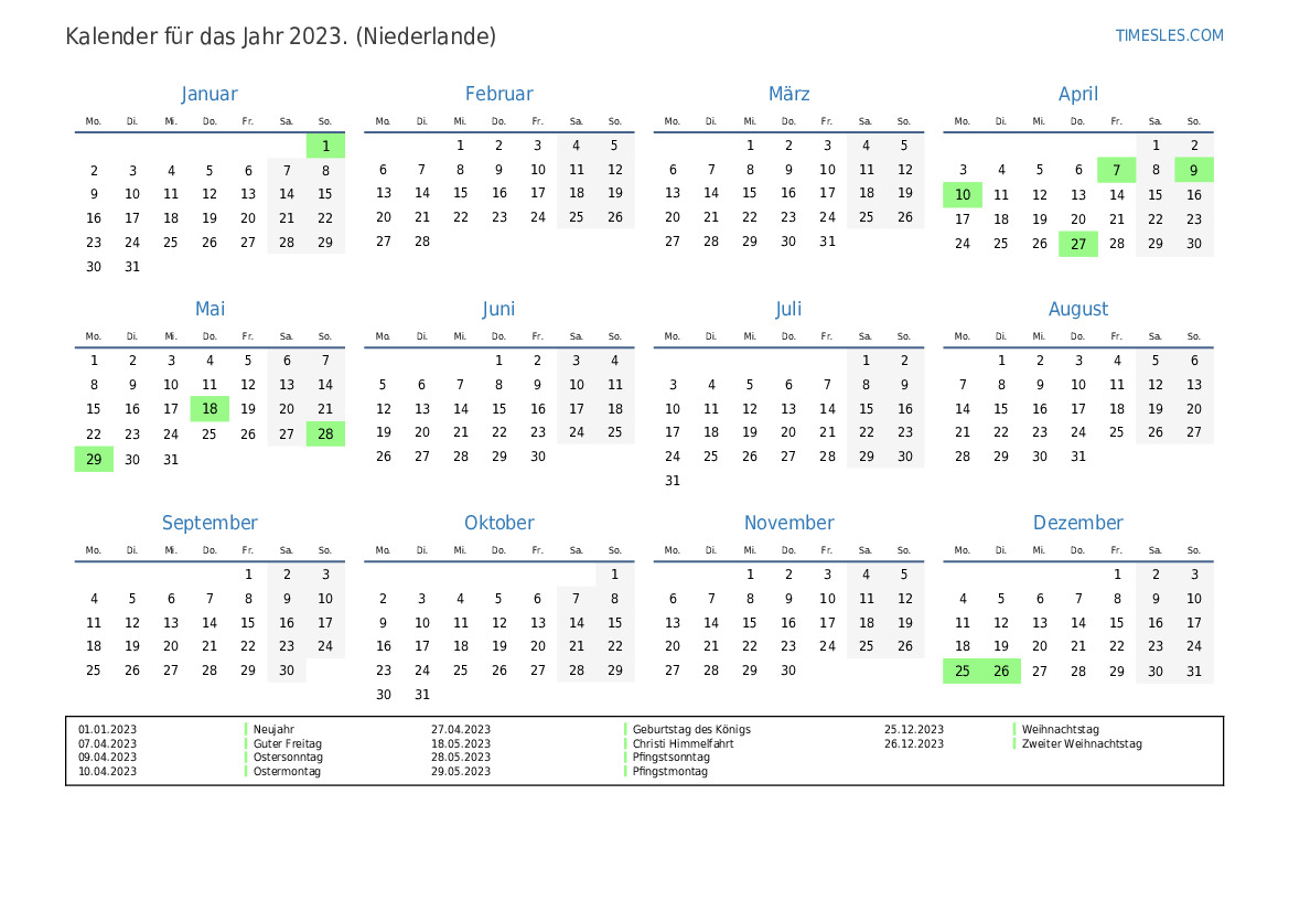 Kalender Für 2023 Mit Feiertagen In Den Niederlanden Kalender Drucken